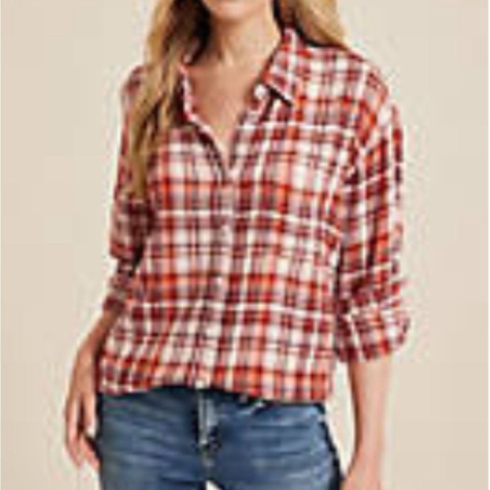 Maurices Red and White Plaid Button-Down Shirt